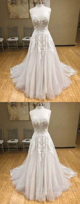 Wh V Neck Tulle Long Evening Prom Dresses, Lace Evening Dresses, White Lace Wedding Dresses